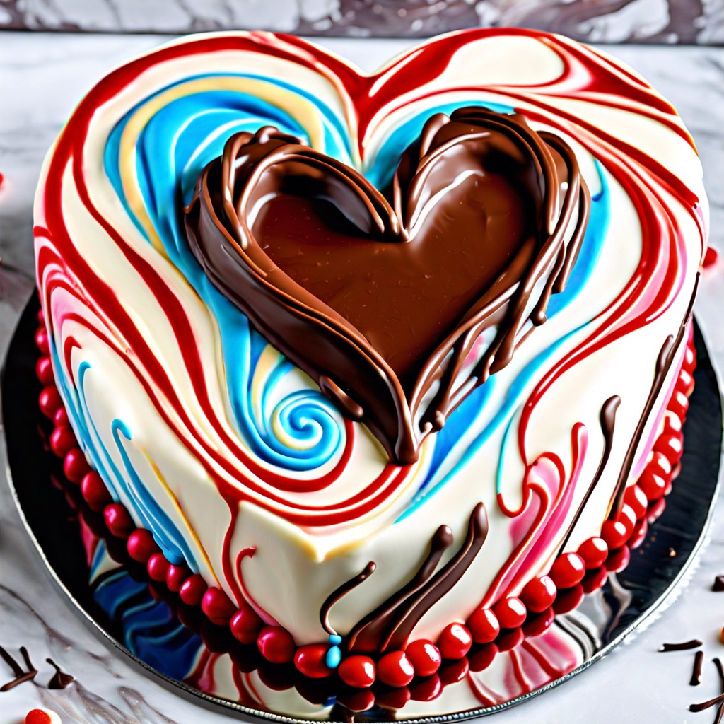 marbled heart cake with swirls of chocolate and vanilla