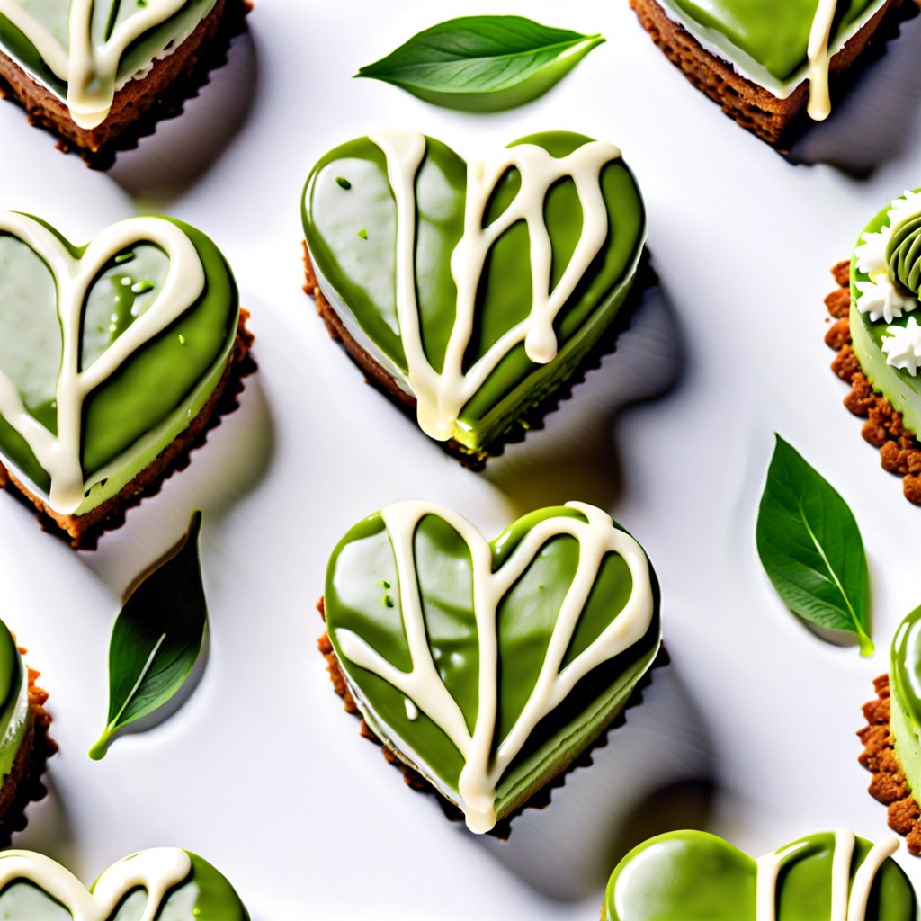 matcha green tea heart cake with white chocolate drizzle