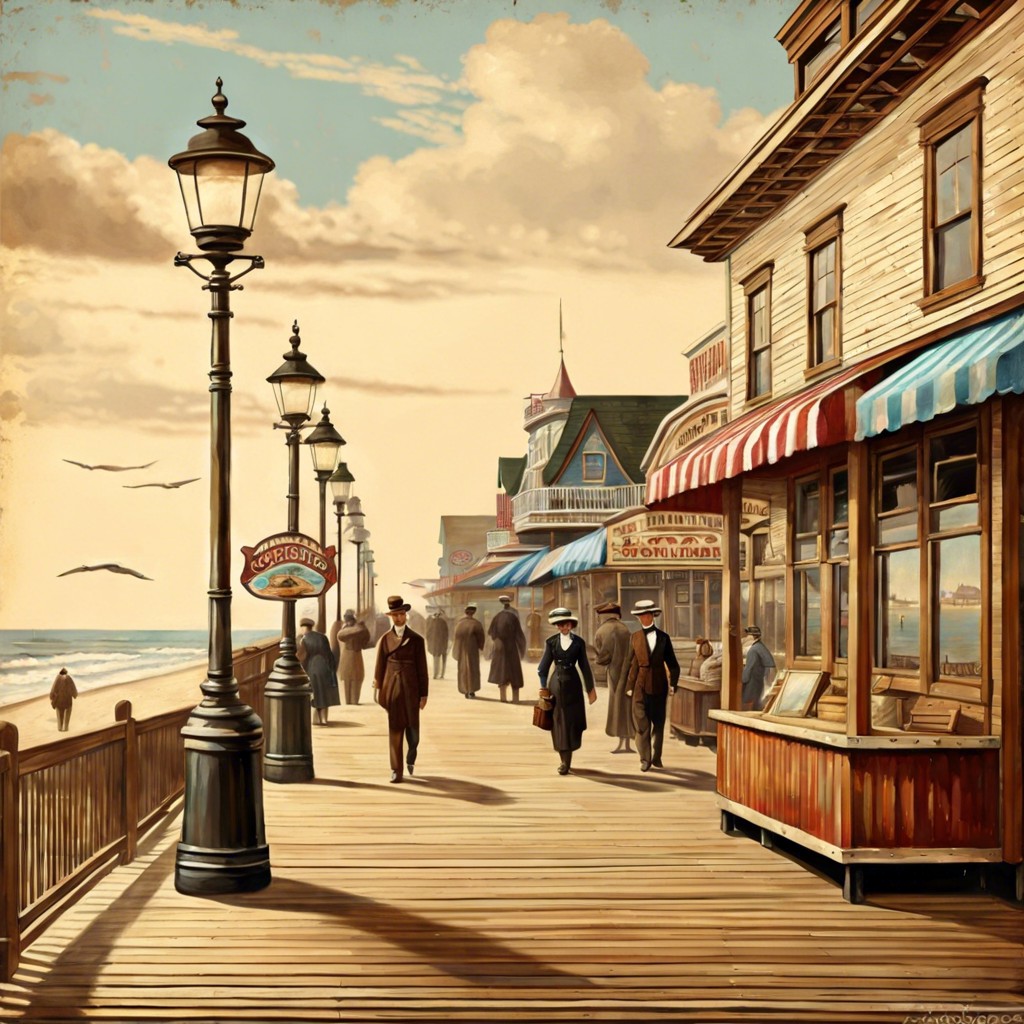 old seaside boardwalk in the early 1900s