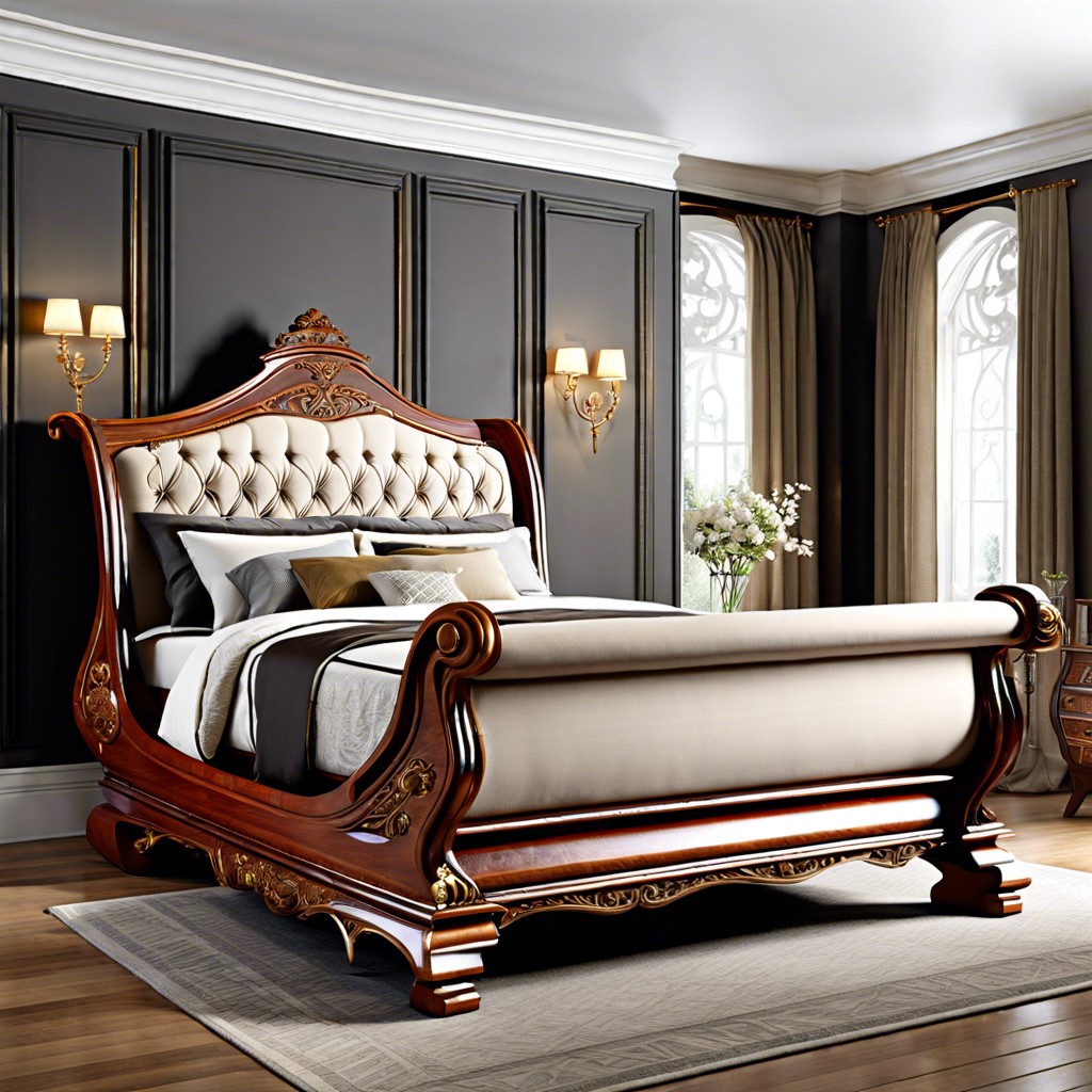 ornate carved wooden sleigh bed
