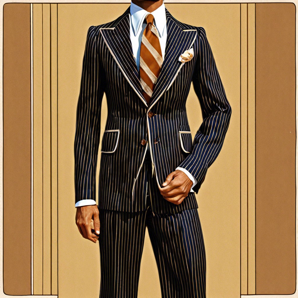 pinstripe suit with a wide lapel and platform shoes