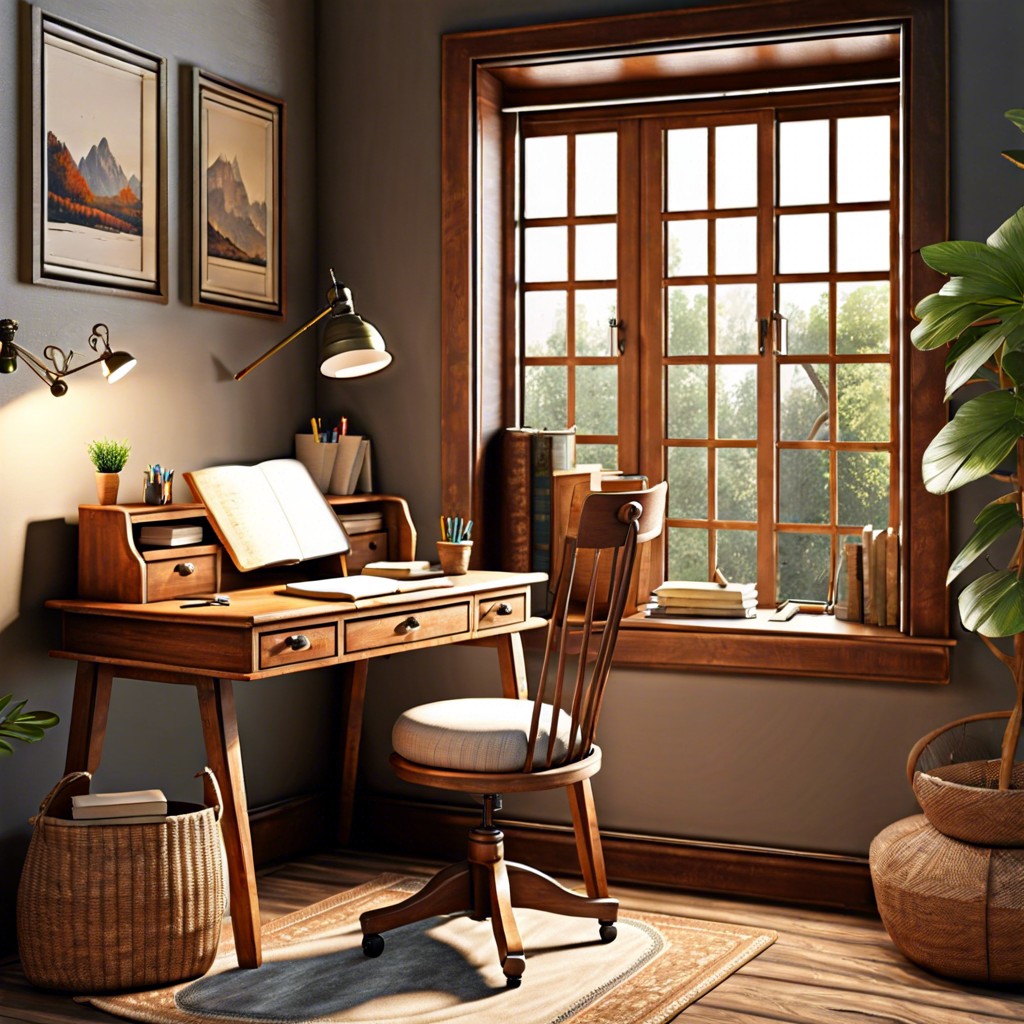place a vintage writing desk and chair in a corner for a quaint study area