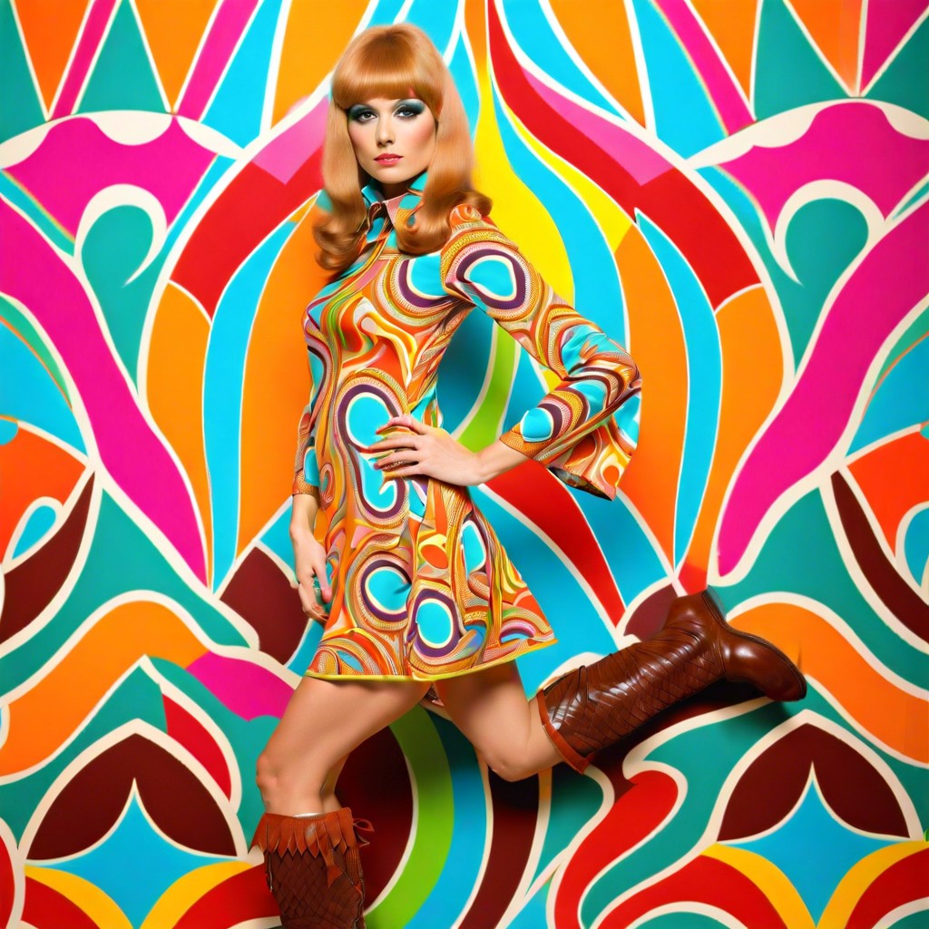 psychedelic patterned mini dress with go go boots