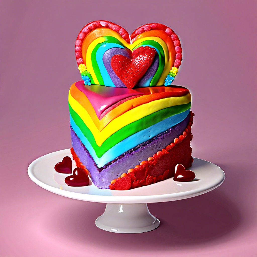 rainbow heart cake with layers of different colors