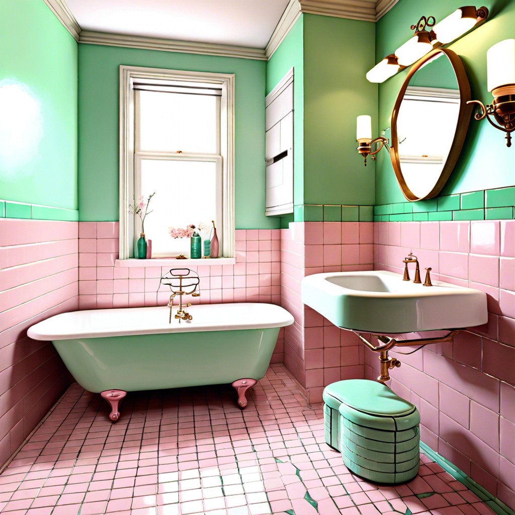 retro 1950s pastel bathroom feature pink or seafoam tiles and fixtures