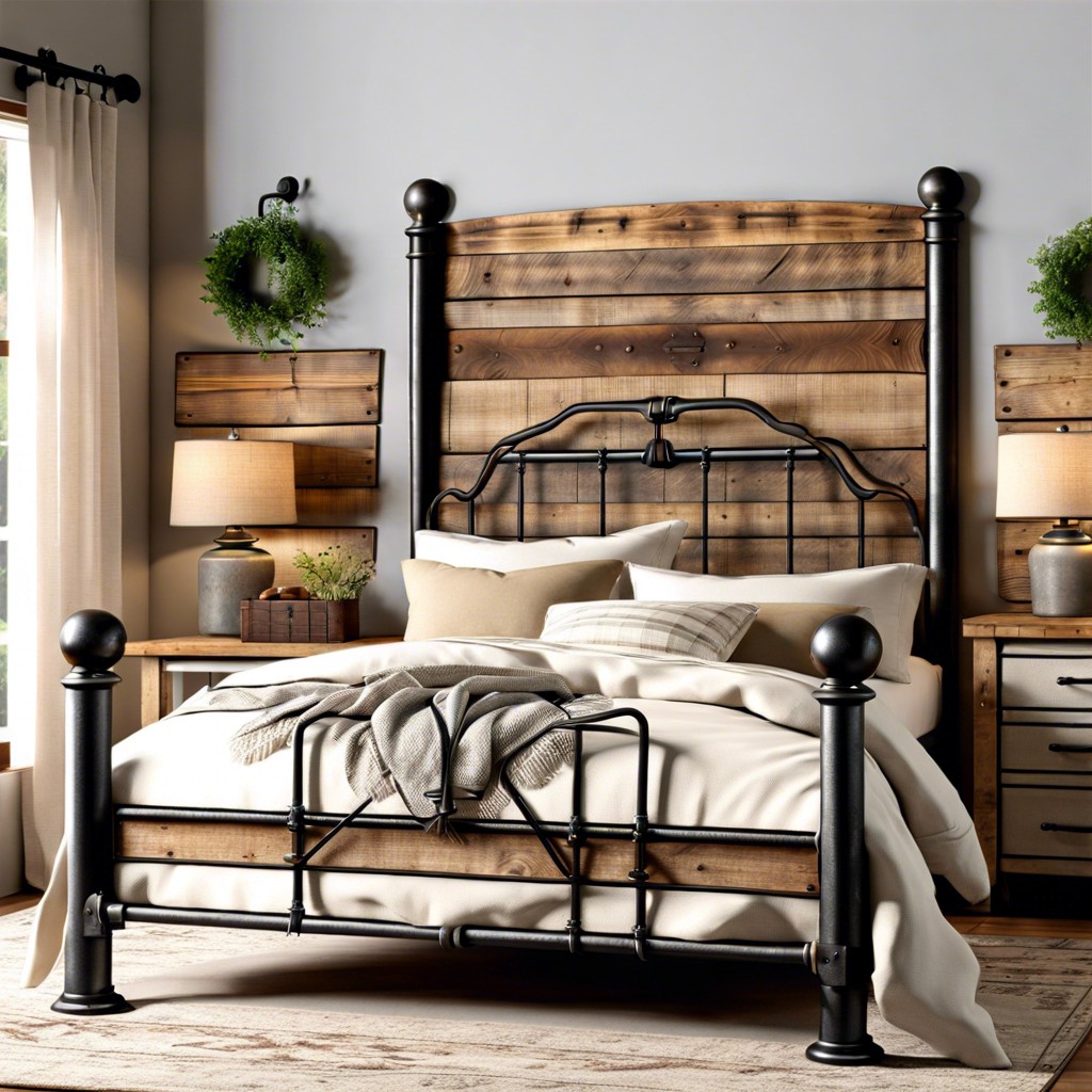 rustic farmhouse iron and wood bed