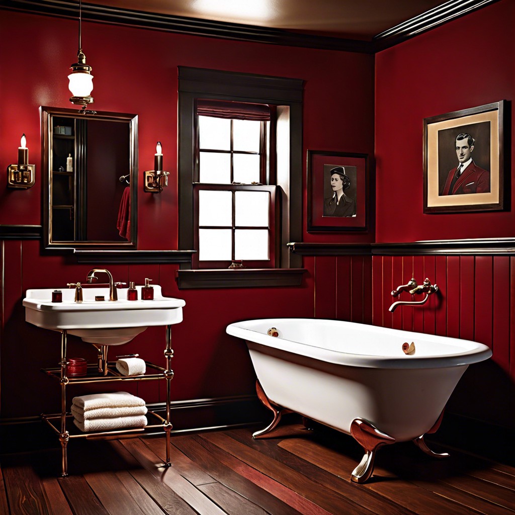speakeasy style dark woods rich reds and vintage wallpapers