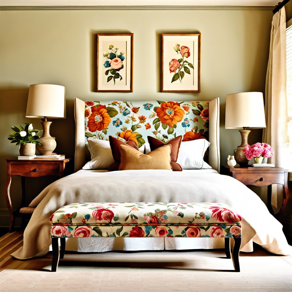 upholster a bench with vintage floral fabric for the foot of the bed