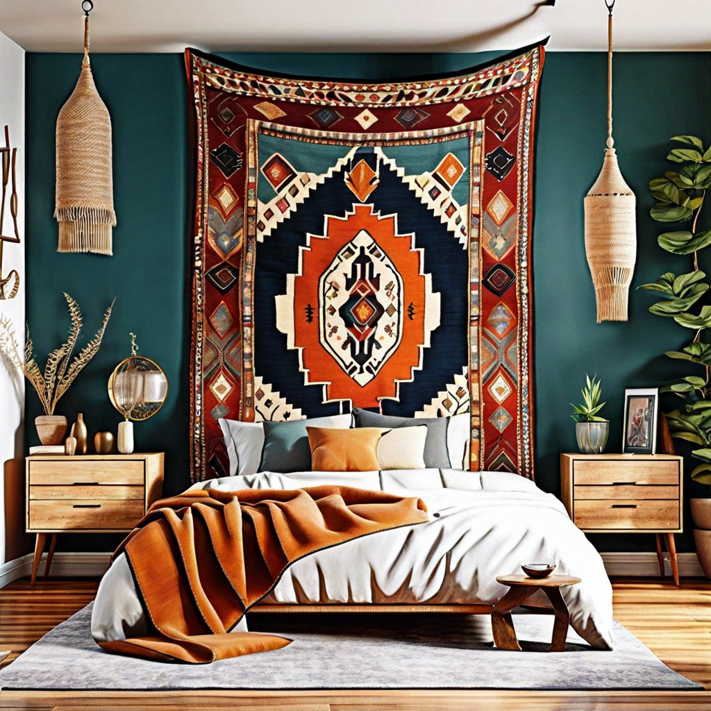 use a patchwork of old rug pieces as a creative wall tapestry