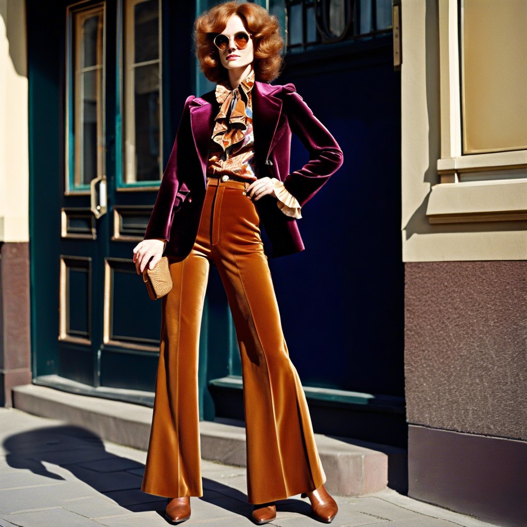 velvet blazer with a ruffled shirt and wide leg trousers