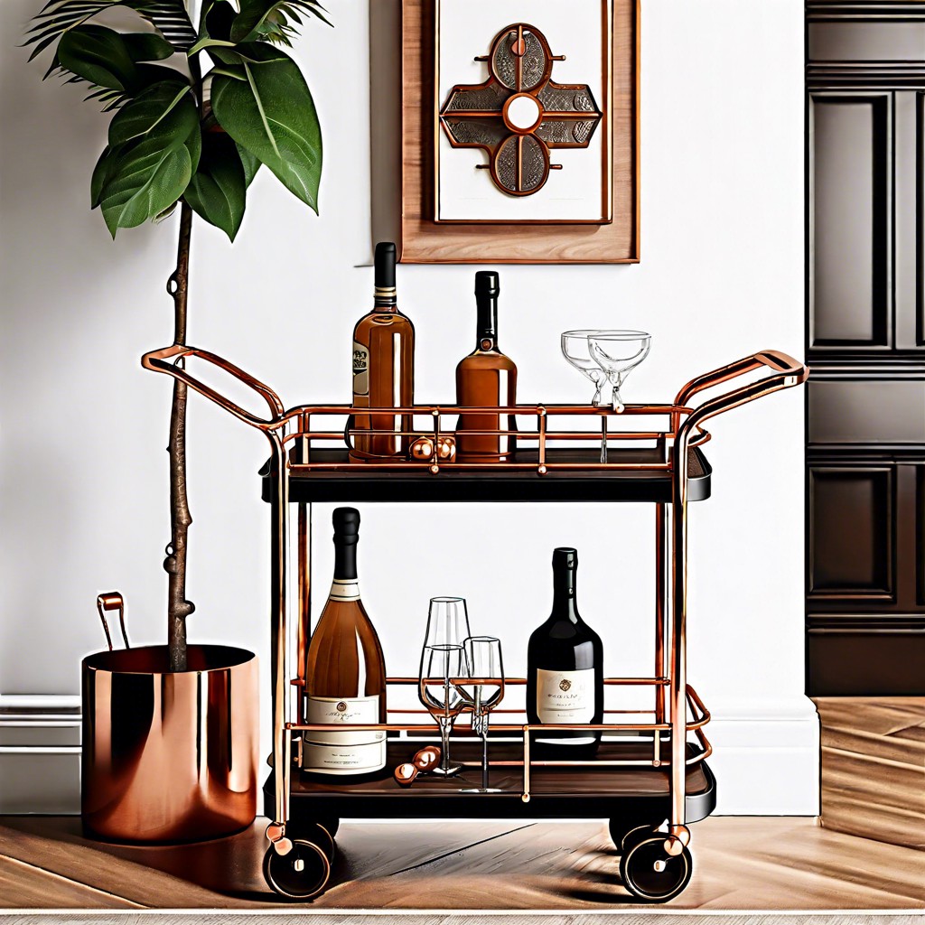 wooden trolley with rustic copper accents