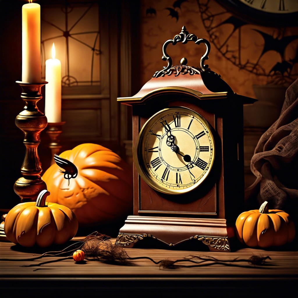antique clocks striking midnight with cobwebs