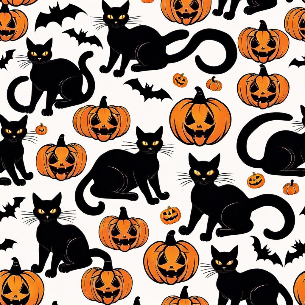 classic black cats with green eyes and pumpkins
