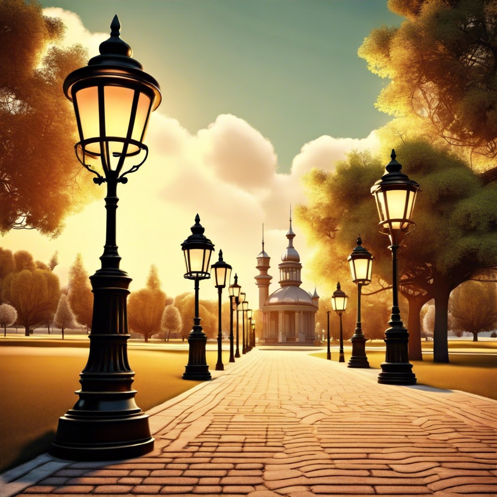 heritage walk with historical facts and old fashioned street lamps