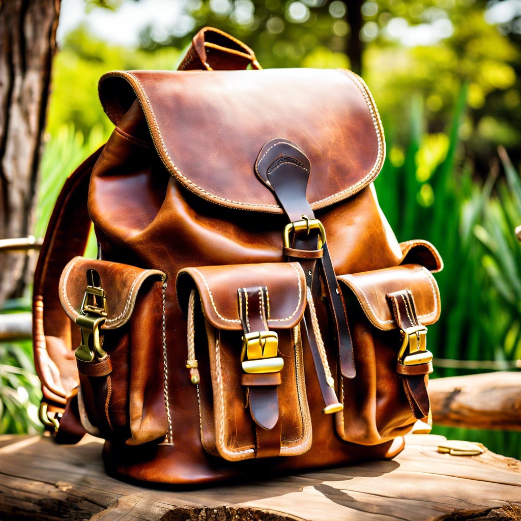 leather backpack with brass buckles