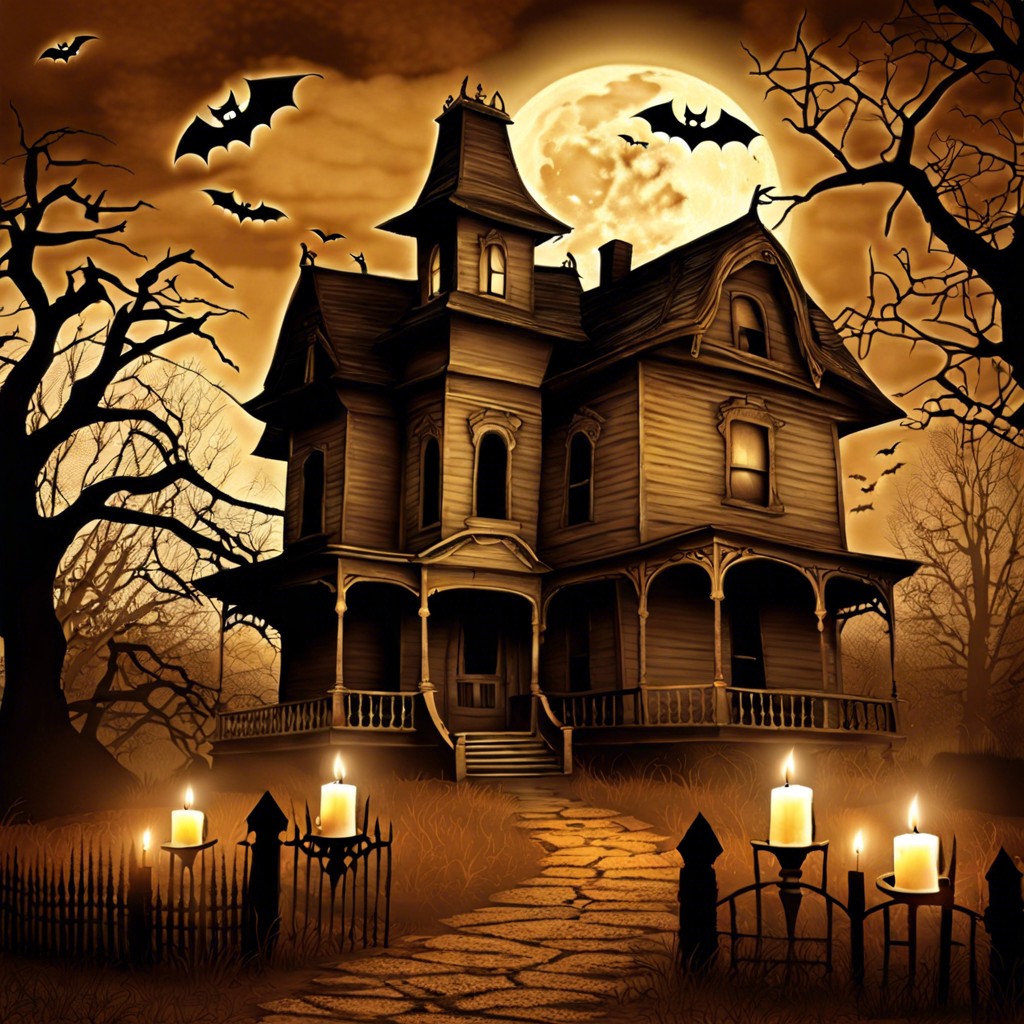sepia toned haunted houses with flickering candlelights